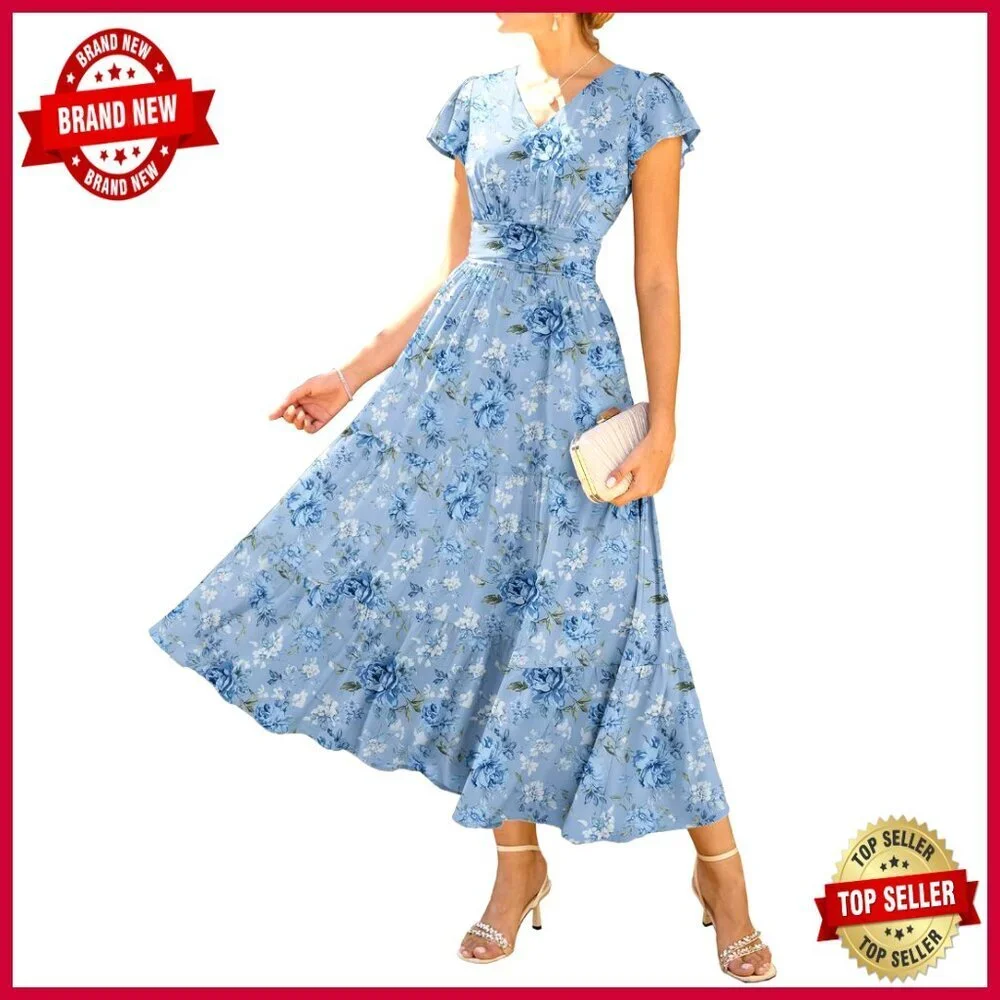 Floral Maxi Dress Short Sleeve Semi Formal Wedding Guest Elegant Chic